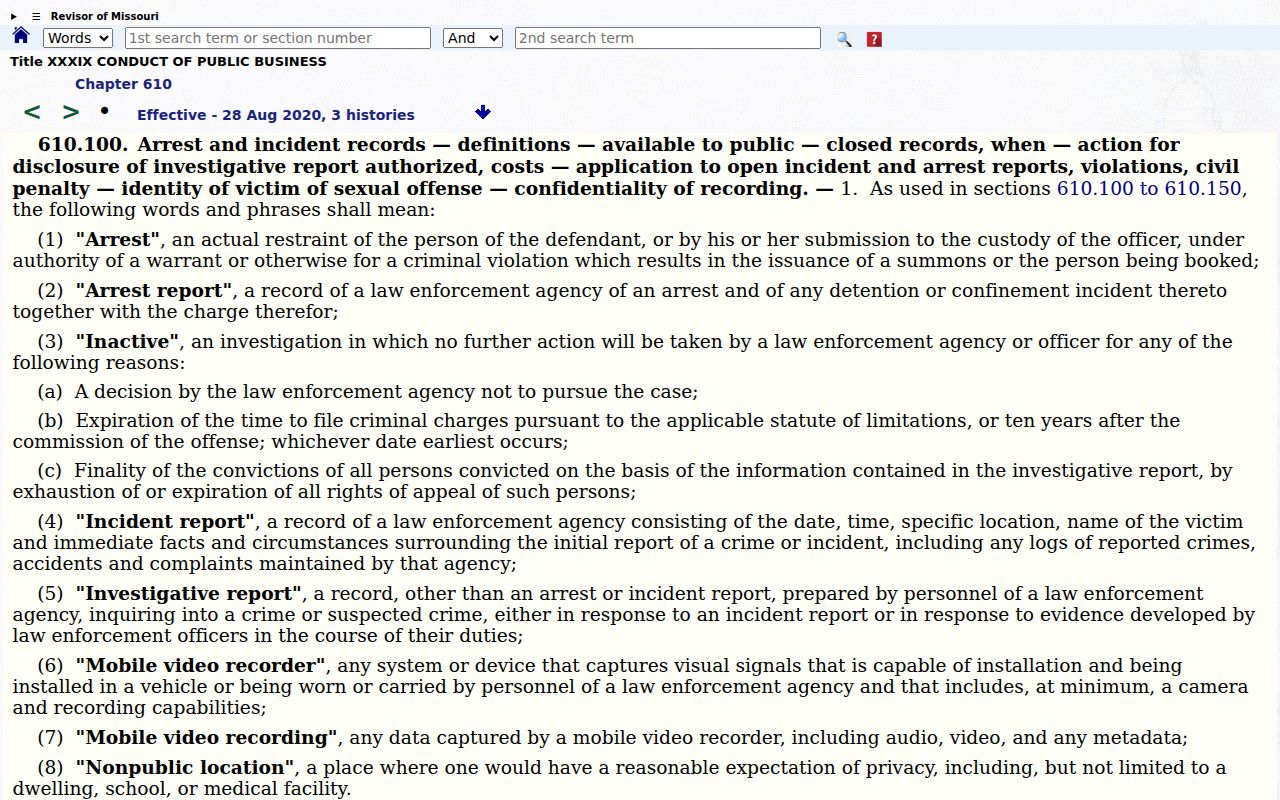 Jasper County arrest history Missouri arrest report access statute