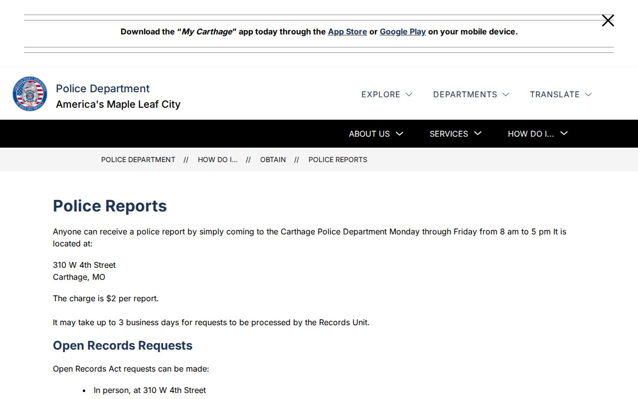 Carthage criminal history police report request instructions