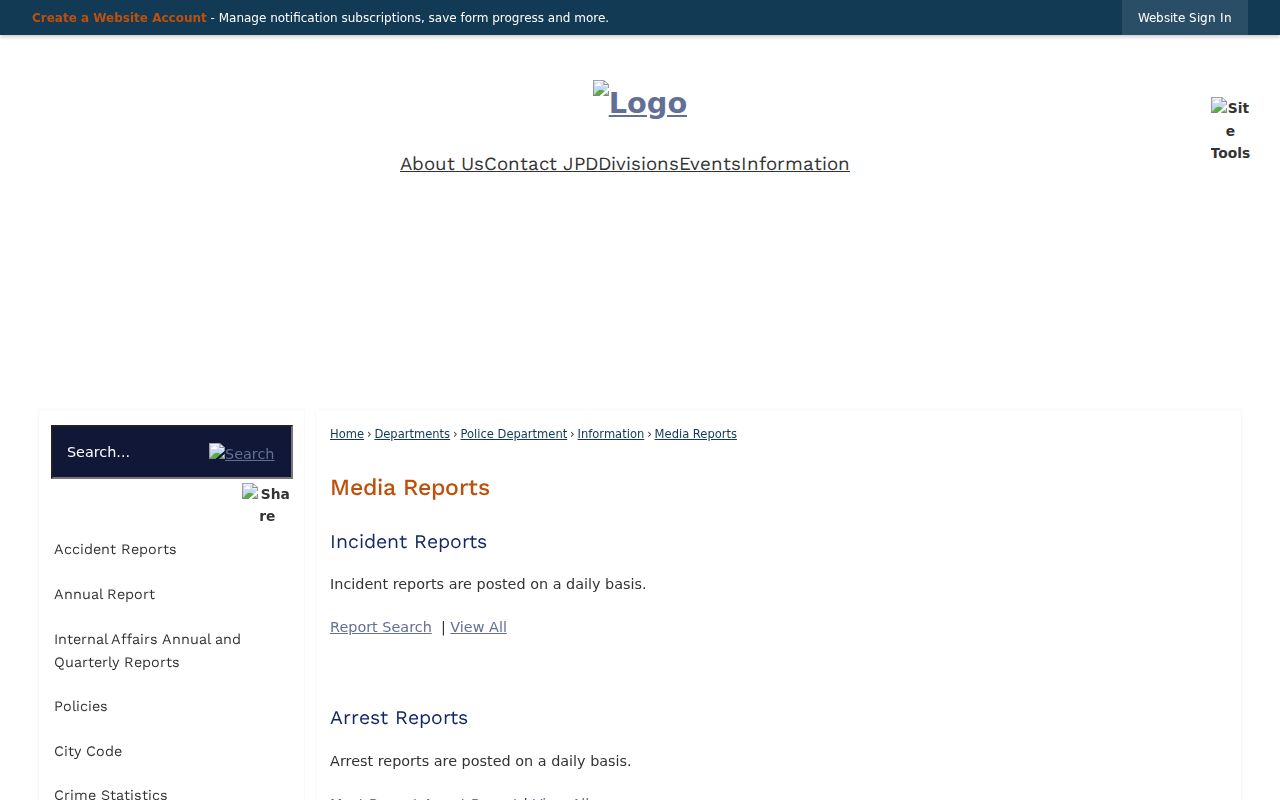 Joplin Police Department Media Reports page with daily arrest, incident, dispatch, and custody feeds