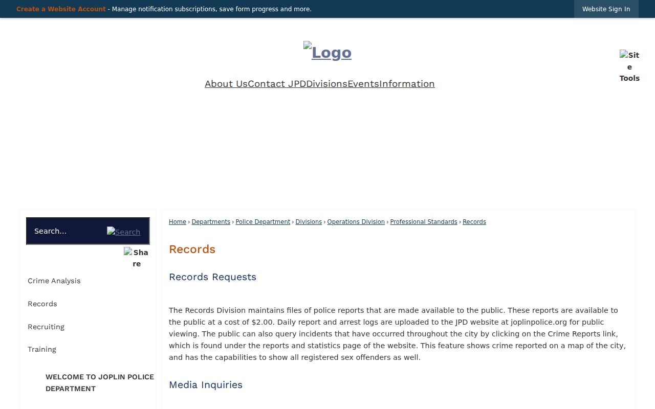 Joplin Police Records Division page showing public report and log options