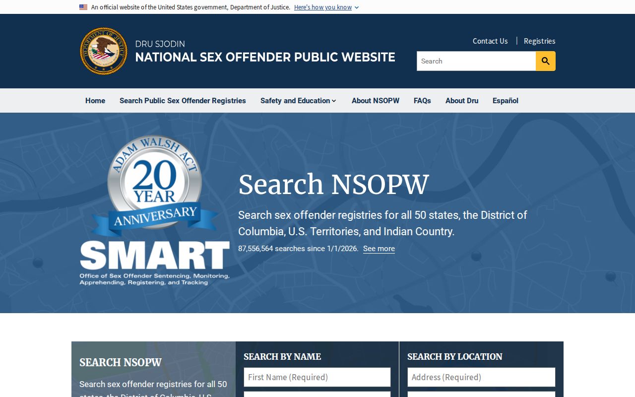 National Sex Offender Public Website search page for cross-jurisdiction registry checks