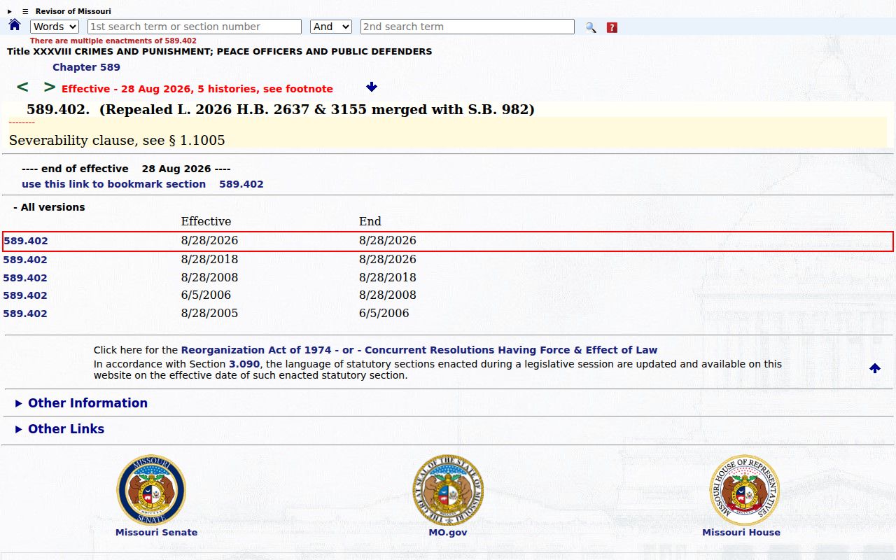 Missouri statute page authorizing the public sex offender registry
