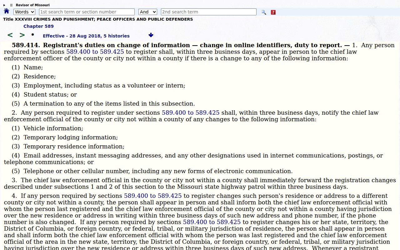 Missouri statute page describing sex offender registry tiers and verification duties