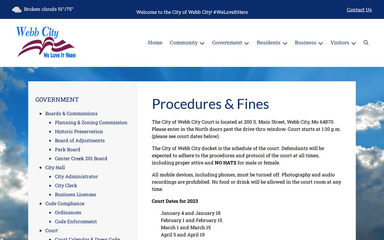 Webb City criminal history court procedures and fines page
