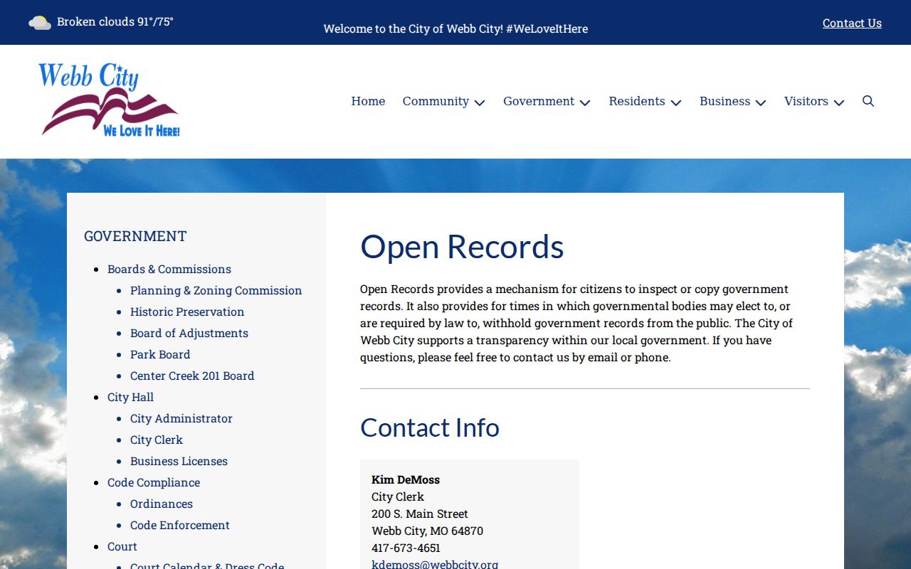Webb City criminal history open records request page