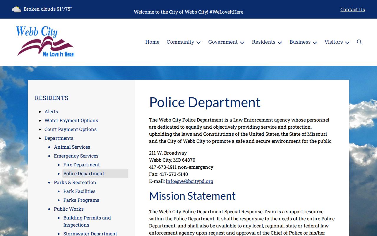 Webb City criminal history police department contact page